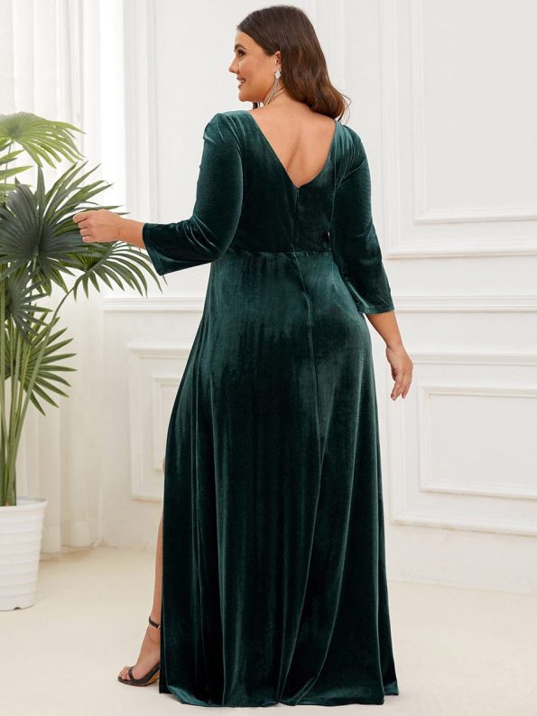 Velvet 3/4 Length Sleeve Illusion V-Neck Front Slit Evening Dress - Dark Green