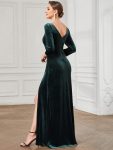 Velvet 3/4 Length Sleeve Illusion V-Neck Front Slit Evening Dress – Dark Green