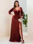 Velvet 3/4 Length Sleeve Illusion V-Neck Front Slit Evening Dress – Brick Red