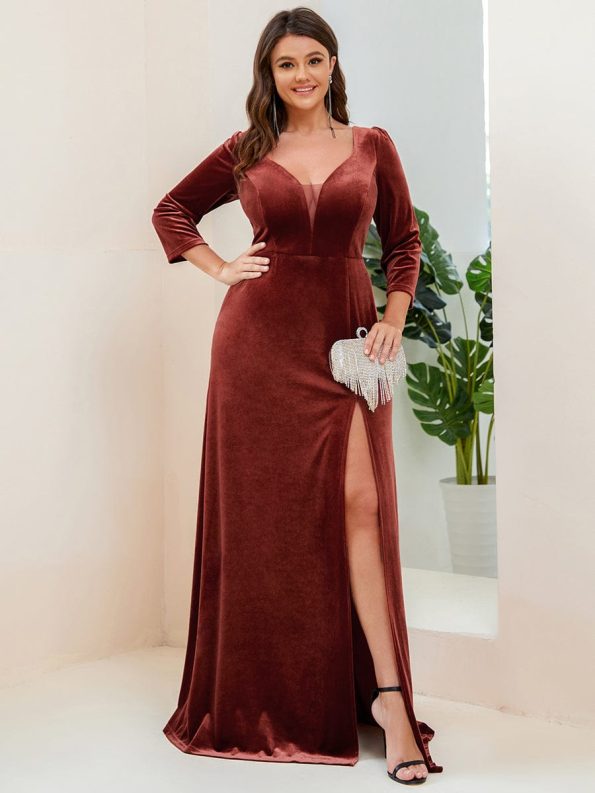 Velvet 3/4 Length Sleeve Illusion V-Neck Front Slit Evening Dress - Brick Red