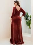 Velvet 3/4 Length Sleeve Illusion V-Neck Front Slit Evening Dress – Brick Red