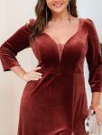 Velvet 3/4 Length Sleeve Illusion V-Neck Front Slit Evening Dress – Brick Red