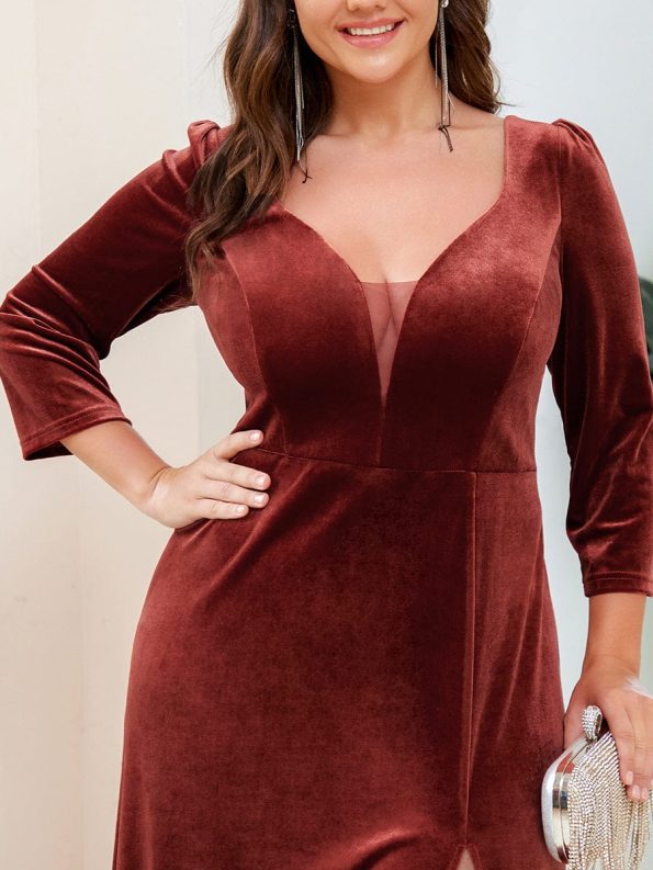 Velvet 3/4 Length Sleeve Illusion V-Neck Front Slit Evening Dress - Brick Red