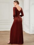 Velvet 3/4 Length Sleeve Illusion V-Neck Front Slit Evening Dress – Brick Red