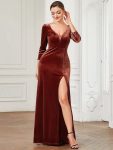 Velvet 3/4 Length Sleeve Illusion V-Neck Front Slit Evening Dress – Brick Red