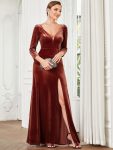 Velvet 3/4 Length Sleeve Illusion V-Neck Front Slit Evening Dress – Brick Red