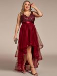 Plus Size Sleeveless Sequin Ribbon Waist Tulle High Low Evening Dress - Burgundy