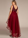 Plus Size Sleeveless Sequin Ribbon Waist Tulle High Low Evening Dress – Burgundy