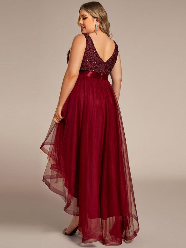 Plus Size Sleeveless Sequin Ribbon Waist Tulle High Low Evening Dress - Burgundy