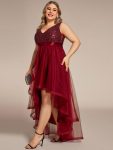 Plus Size Sleeveless Sequin Ribbon Waist Tulle High Low Evening Dress – Burgundy