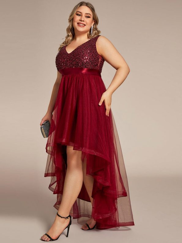 Plus Size Sleeveless Sequin Ribbon Waist Tulle High Low Evening Dress - Burgundy