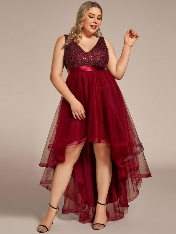 Plus Size Sleeveless Sequin Ribbon Waist Tulle High Low Evening Dress - Burgundy