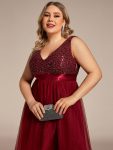 Plus Size Sleeveless Sequin Ribbon Waist Tulle High Low Evening Dress – Burgundy