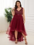 Plus Size Sleeveless Sequin Ribbon Waist Tulle High Low Evening Dress – Burgundy