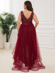 Plus Size Sleeveless Sequin Ribbon Waist Tulle High Low Evening Dress – Burgundy