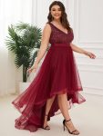 Plus Size Sleeveless Sequin Ribbon Waist Tulle High Low Evening Dress – Burgundy