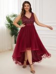 Plus Size Sleeveless Sequin Ribbon Waist Tulle High Low Evening Dress – Burgundy