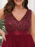 Plus Size Sleeveless Sequin Ribbon Waist Tulle High Low Evening Dress – Burgundy