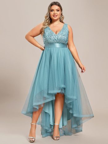 Plus Size Sleeveless Sequin Ribbon Waist Tulle High Low Evening Dress - Dusty Blue