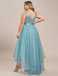 Plus Size Sleeveless Sequin Ribbon Waist Tulle High Low Evening Dress – Dusty Blue