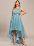 Plus Size Sleeveless Sequin Ribbon Waist Tulle High Low Evening Dress – Dusty Blue