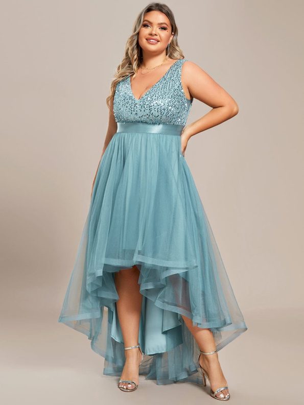 Plus Size Sleeveless Sequin Ribbon Waist Tulle High Low Evening Dress - Dusty Blue