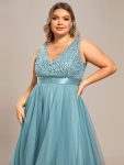 Plus Size Sleeveless Sequin Ribbon Waist Tulle High Low Evening Dress – Dusty Blue