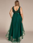 Plus Size Sleeveless Sequin Ribbon Waist Tulle High Low Evening Dress – Dark Green