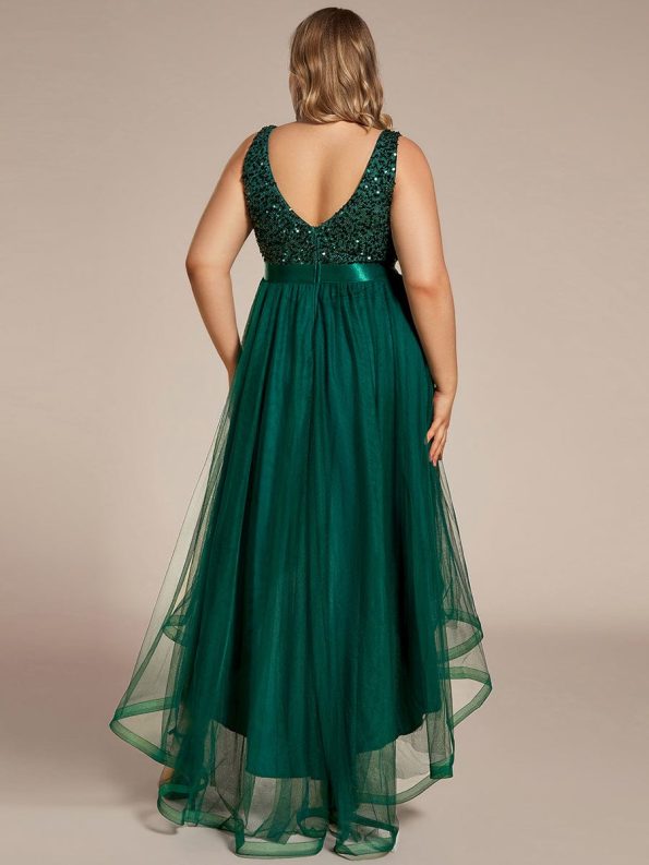 Plus Size Sleeveless Sequin Ribbon Waist Tulle High Low Evening Dress - Dark Green