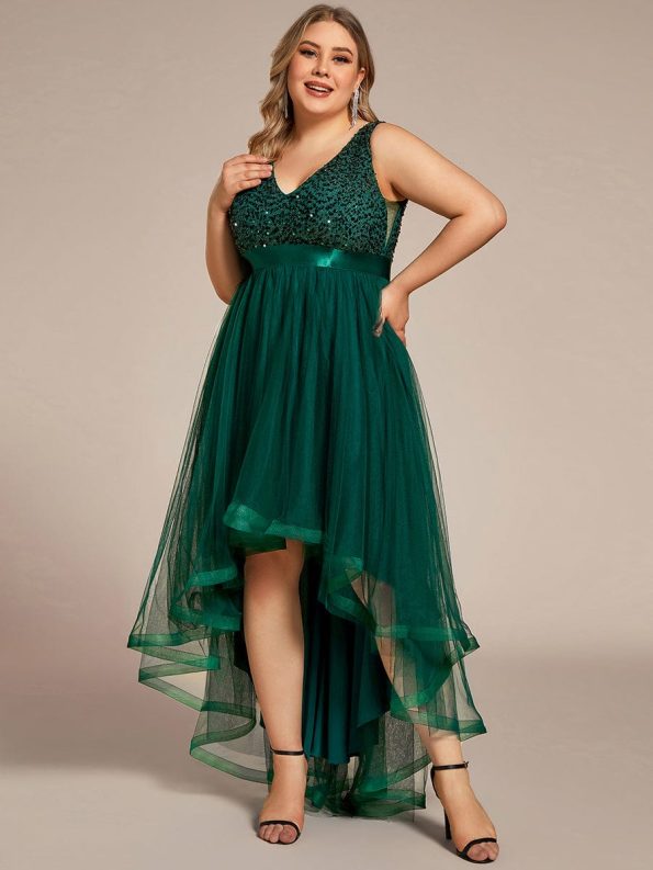 Plus Size Sleeveless Sequin Ribbon Waist Tulle High Low Evening Dress - Dark Green