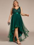 Plus Size Sleeveless Sequin Ribbon Waist Tulle High Low Evening Dress – Dark Green