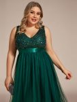 Plus Size Sleeveless Sequin Ribbon Waist Tulle High Low Evening Dress – Dark Green