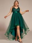 Plus Size Sleeveless Sequin Ribbon Waist Tulle High Low Evening Dress – Dark Green