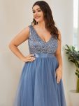 Plus Size Sleeveless Sequin Ribbon Waist Tulle High Low Evening Dress – Dusty Navy