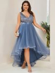 Plus Size Sleeveless Sequin Ribbon Waist Tulle High Low Evening Dress – Dusty Navy