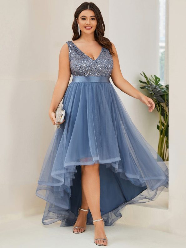 Plus Size Sleeveless Sequin Ribbon Waist Tulle High Low Evening Dress - Dusty Navy