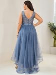 Plus Size Sleeveless Sequin Ribbon Waist Tulle High Low Evening Dress – Dusty Navy