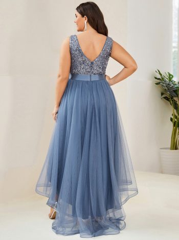 Plus Size Sleeveless Sequin Ribbon Waist Tulle High Low Evening Dress - Dusty Navy