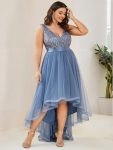 Plus Size Sleeveless Sequin Ribbon Waist Tulle High Low Evening Dress – Dusty Navy