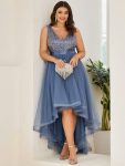 Plus Size Sleeveless Sequin Ribbon Waist Tulle High Low Evening Dress - Dusty Navy