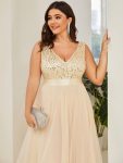 Plus Size Sleeveless Sequin Ribbon Waist Tulle High Low Evening Dress – Gold