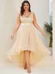 Plus Size Sleeveless Sequin Ribbon Waist Tulle High Low Evening Dress – Gold