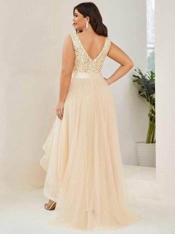 Plus Size Sleeveless Sequin Ribbon Waist Tulle High Low Evening Dress - Gold