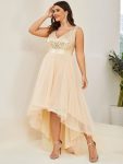 Plus Size Sleeveless Sequin Ribbon Waist Tulle High Low Evening Dress – Gold