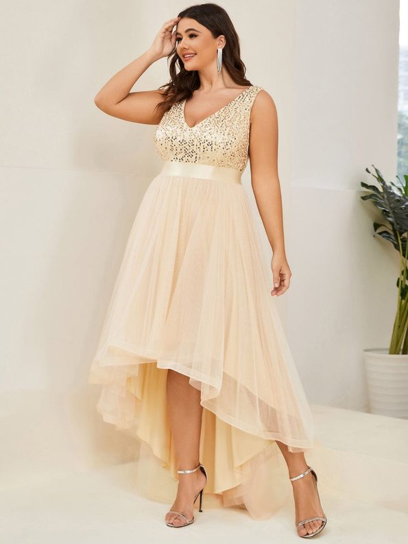 Plus Size Sleeveless Sequin Ribbon Waist Tulle High Low Evening Dress - Gold