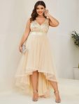 Plus Size Sleeveless Sequin Ribbon Waist Tulle High Low Evening Dress – Gold