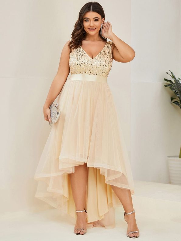 Plus Size Sleeveless Sequin Ribbon Waist Tulle High Low Evening Dress - Gold