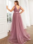 Plus Size Sleeveless Sequin Ribbon Waist Tulle High Low Evening Dress – Purple Orchid