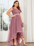 Plus Size Sleeveless Sequin Ribbon Waist Tulle High Low Evening Dress – Purple Orchid