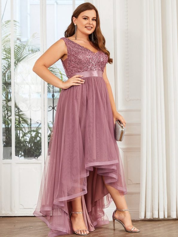 Plus Size Sleeveless Sequin Ribbon Waist Tulle High Low Evening Dress - Purple Orchid